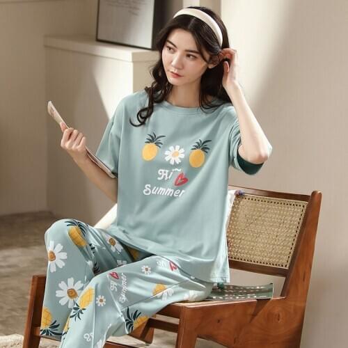 Cartoon Pajamas For Women Set Summer Kawaii Cotton Short Sleeve Long Pants Home Clothes Sleepwear Female Loose Homewear Pijama