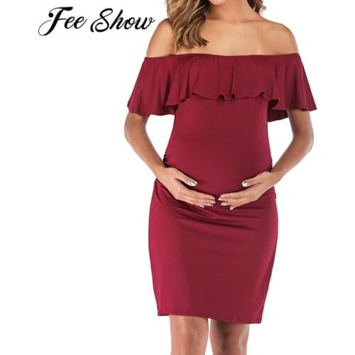 Maternity Dress Photography Prop Casual Off Shoulder Ruffle Pregnancy Maternity Slim Fit Falbala Dresses Baby Shower Costume