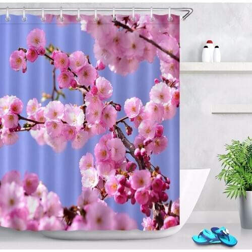LB Pink Flower Shower Curtain Nature Scenery Bathroom Extra Long Waterproof Mildew Resistant Polyester Fabric for Bathtub Decor