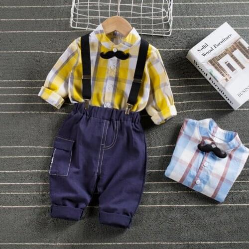 Top and Top Spring Cotton Gentleman Baby Boys Clothes Clothing Sets Plaid Long Sleeve Biw tie Shirt Rompers Suspenders Pants