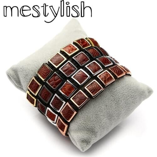 Mestylish HandMade Braided Genuine Leather Bracelet Stingray Leather Ostrich Skin Square Bead Men Women Bracelet Jewelry