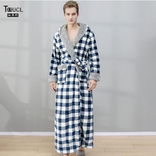 TOQUCL Men Winter Thicken Warm Flannel Bathrobe Plus Size Coral Fleece Hooded Plaid Bath Robe for Bride Bridegroom Robe Wedding