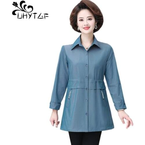 UHYTGF Middle-Aged Mom Spring Autumn Windbreaker Womens Shirt Purple Blue Solid Casual Female Thin Coats 5XL Plus Size Tops 1695