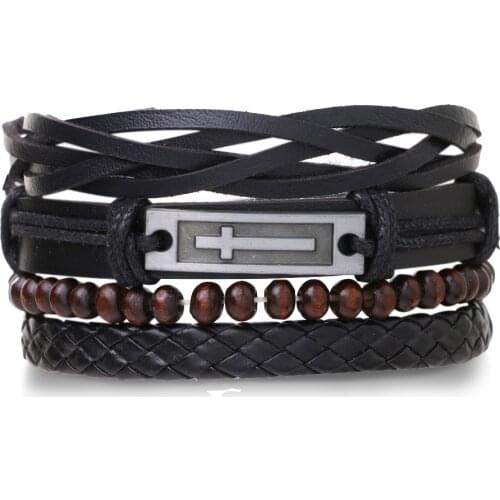 VKME 3/4Pcs/ Set Braided Wrap Cross Leather Bracelets for Men Womens Beads Bracelet Charm Mens Jewellery Ethnic Wristbands