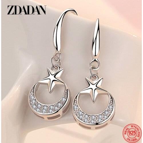 ZDADAN 925 Sterling Silver Star Moon Dangle Earrings For Women Fashion Party Jewelry Accessories