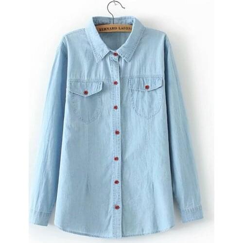 Womens oversize shirt turn-down collar pocket denim woman blouses 2021 plus size spring autumn Long sleeve Female clothing