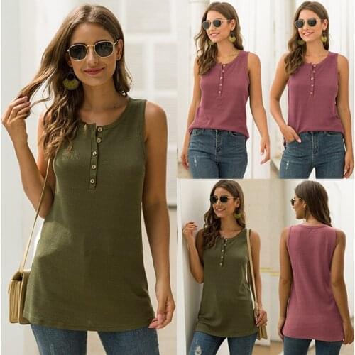 WomenS Henley Sleeveless Crew Neck Buttons Knit Tops