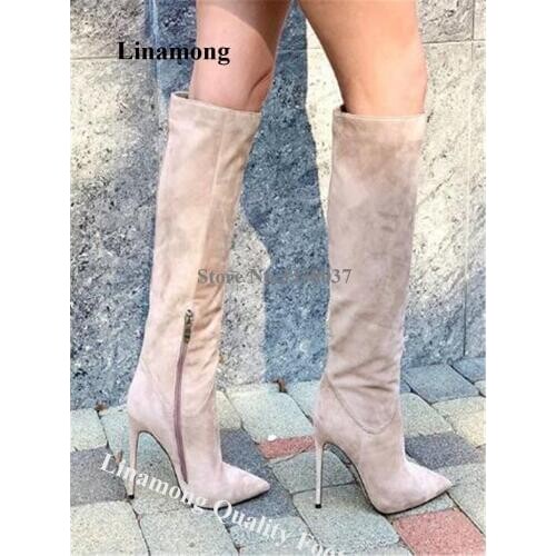 Linamong Fashion Women Pointed Toe Suede Leather Stiletto Heel Knee High Boots Beige Long High Heel Boots Formal Dress Shoes