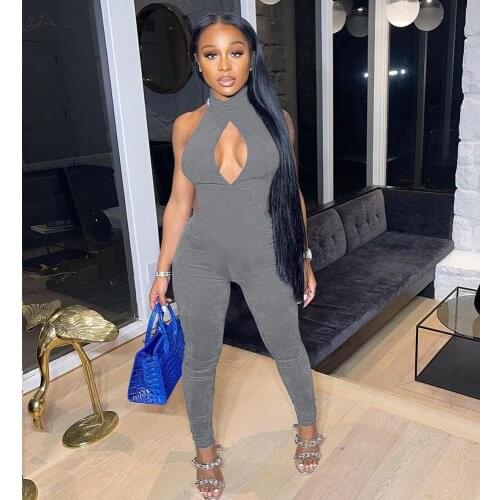 Sexy Bandage Bodycon Long Jumpsuit Summer Womens Turtleneck Sleeveless Open Back Romper Hollow Out Skinny Jumpsuits Playsuits