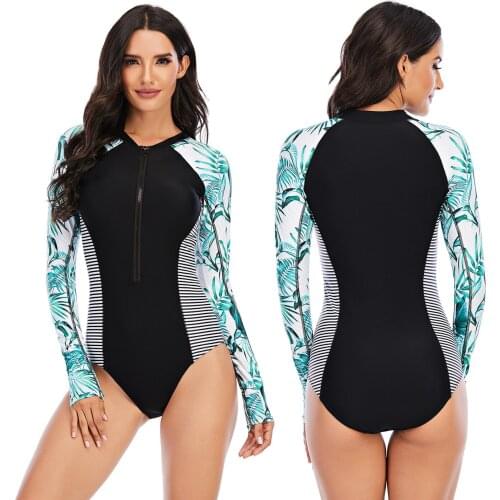 Split Swimwear Women Print Swim Wear One Piece Long Sleeve Swimsuit Rash Guard Surfing Suit Pad Zipper Bathing Suits UV Protect