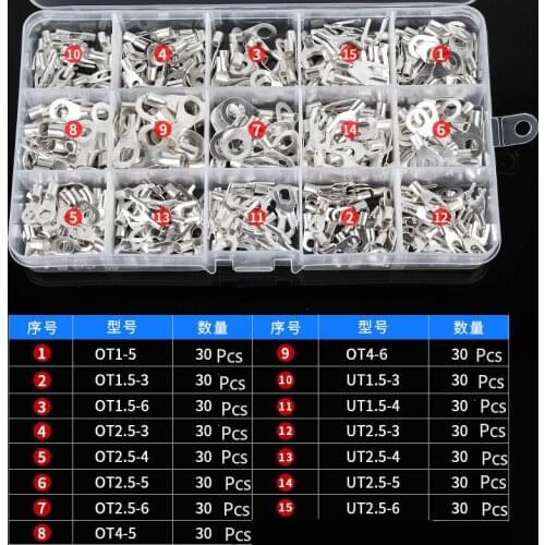 1Set Cold-pressed Terminal Block OT/UT Bare Terminal Round Fork Type Wiring Nose Ear Opening Copper Nose 15 Kinds of Suit