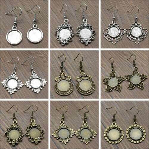 1 Pair 12mm Round Glass Cabochon Base Setting Earring Blanks Ear Hooks Flower Style Earring Cameo Bezel Tray for Jewelry Making