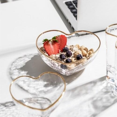 1pcs Heart shape dessert bowl Glass Peach Heart Bowl Creative Gilded Salad Bowl Juice Milk Transparent Cup for Home