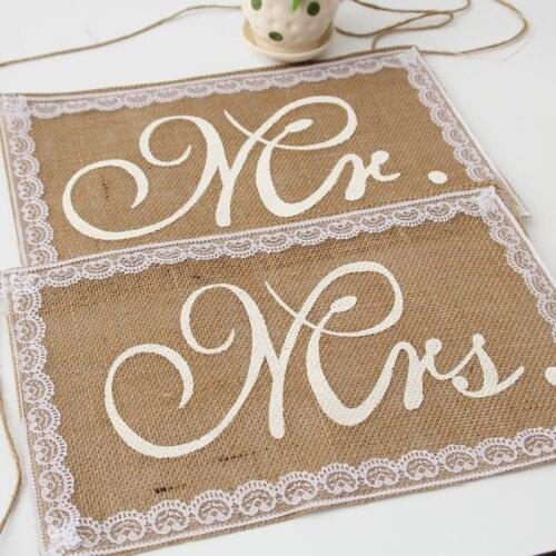 2Pcs Mr Mrs Wedding Ceremony Party Rustic DIY Chair Banner Flag Wedding Decoration Linen Bunting Couple lovers Party Decor Bride