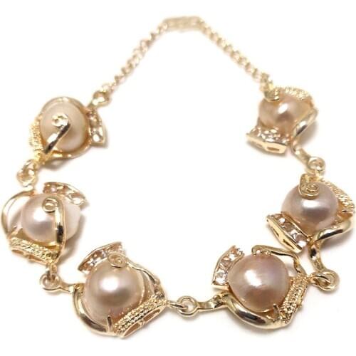 8 inches Yellow Golden Natural White Baroque Women Pearl Bracelet with Zirconia