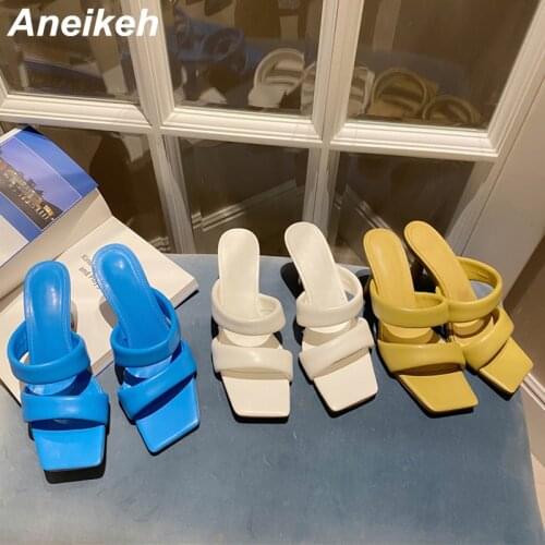 Aneikeh 2021 NEW Fashion PU Women‘s Shoes Summer Thin Heels Peep Toe Slippers Shallow ElegaConcise Solid Outside British Style