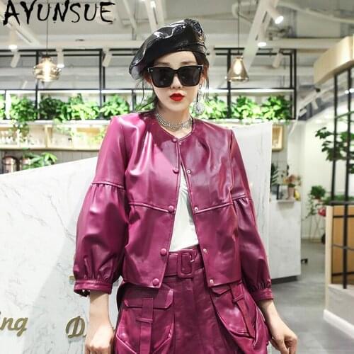 AYUNSUE 2021 Spring Genuine Leather Jacket Women O Neck Sheepskin Coat Three Quarter Coats and Jackets Chaqueta De Cuero Mujer