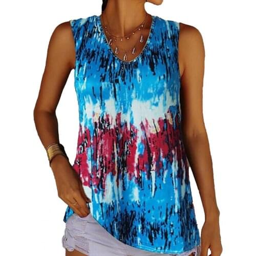 Women Round Neck Tie Dye Printed Sleeveless Thin Vest Loose Blouse Pullover for Party