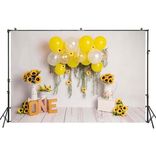 Photography Backdrop Girl 1st Birthday Background Balloons Sunflowers First Birthday Cake Smash Banner Kids Portrait Wallpapers