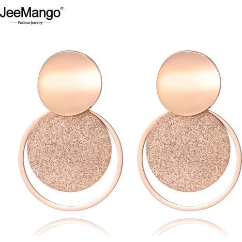 JeeMango Stainless Steel Jewelry Rose Gold Color Frosted Sheet Circle Curved Disc Stud Earrings For Women Christmas Gift JE18446