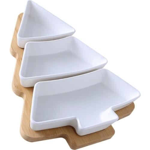 Ceramic Bamboo Wood Christmas Tree Partition Plate Snack Platter Fruit Bowl Dish Christmas Tree Partition Plate