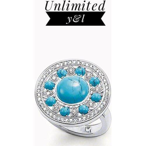 Blue Stone Disc Open Rings Ethnic Style Cubic Zirconia Silver Fashion Jewelry for Women and Men Eternity Love Gift