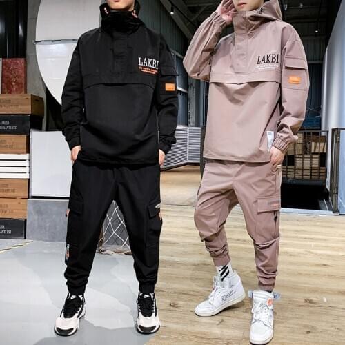 Autumn Workwear Tracksuit Set mens Hooded Jacket+Pants 2PC Sets Jogger loose Pullover coat & Long Pants Mens Sportswear Suit