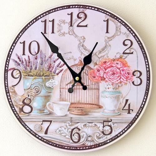 Creative Painted Birdcage 12Inch Home Decor Round Wooden Wall Clock Vintage Mute Wood Wall Kitchen Livingroom Decorations