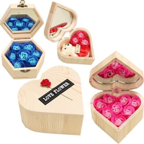 Creative Soap Rose Flower Gift Case Heart Shape and Hexagon Shape Rose Flower Wooden Gift Box Soap Flower Valentines Gift Box