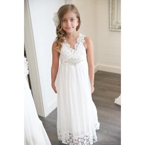 Strap Lace Flower Girls Dresses A Line V Neck Boho Flower Girls Dresses V Back Crystal Waistband Custom Vintage