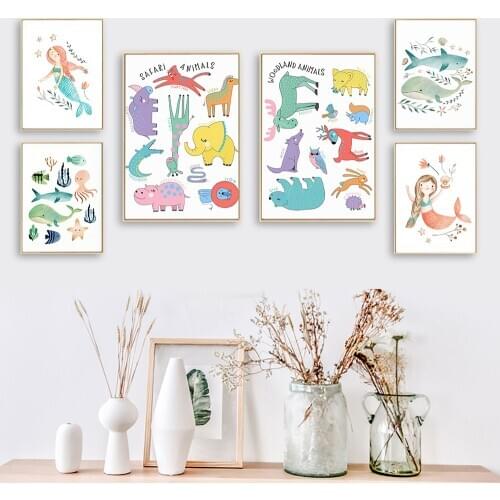 Mermaid Cute Cartoon Poster and Prints Nursery Painting on The Wall for Kids Room Decor Little Fish Animal Wall Art