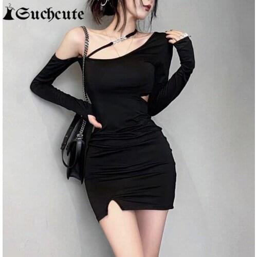 SUCHCUTE Irregular Off Shoulder Party Dress Sexy Hollow Out Gothic Bodycon Clothes Aesthetic Backless Evening Mini Dresses 90s