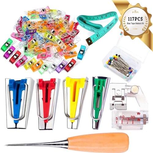 MIUSIE 117pcs/set 4 sizes Bias Tape Makers DIY Job Foot Case Supplies Plastic Clip Hemming Sewing Pins And Awl Tools Hot Sale