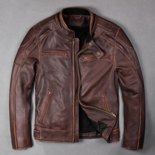 Factory 2019 New Vintage Brown Mens Biker Leather Jacket Genuine Thick Cowhide Slim Fit Motorcycle Jackets Russia Winter Coats