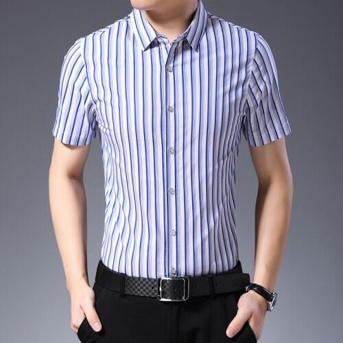 Man Office Pure Cotton Shirt Summer Fashion Striped Cotton Clothes Short Sleeve 100% Cotton Striped Dress Shirt
