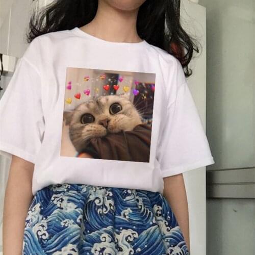 Summer new female cute cat print T-shirt Japanese loose short-sleeved Korea Ulzzang ins Vintage fun casual large size T-shirt