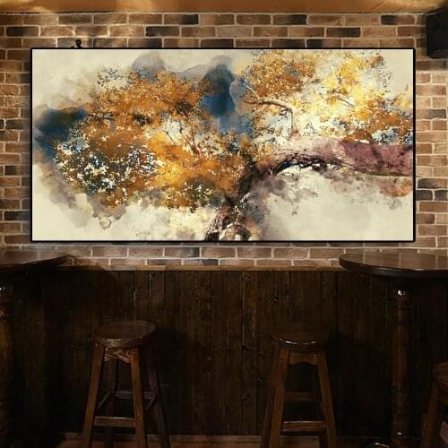 Modern Art Poster Print On Canvas With Abstract Texture Brown Tree And Yellow Leaves Wall Painting Home Decoration