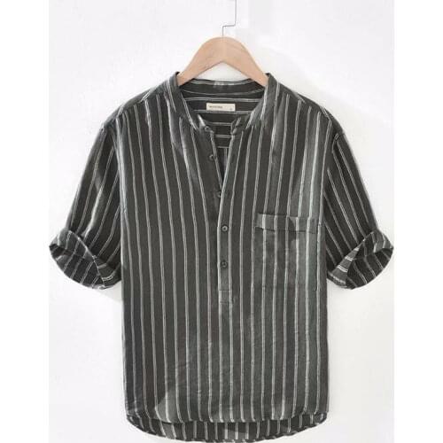 Striped Summer Linen Shirt Men Three Quarter Sleeve Tshirt Casual Top Tee Linens Stand Collar Male Clothing 2021 Fashion