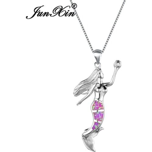 JUNXIN Mystic Fire Opal Fairy Mermaid Pendant Necklaces For Women Silver Color Purple White Green Opal Necklace