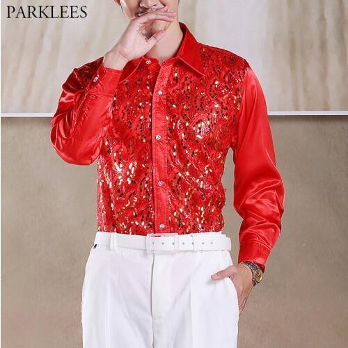 Red Sequin Glitter Shirt Men Long Sleeve Button Down Stage Prom Dress Shirts Mens Dance Host Chorus Shirt Male Chemise Homme 2XL