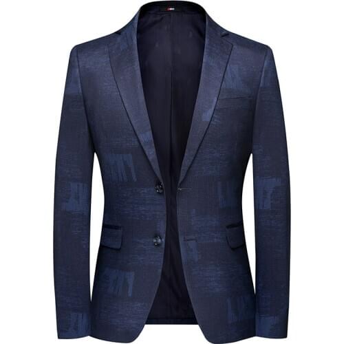 Slim Blazer for Men Casual Business Coat Plus Size Party Banquet Printing Jacket Autumn Lapel Suit Dark Blue