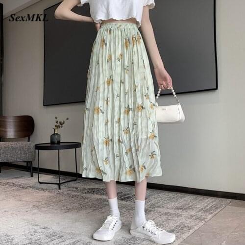Elegant Floral Printed Summer Long Skirts Women 2021 Casual High Waist Korean Fashion Clothing Bohemian Mid Length Pleated Skirt