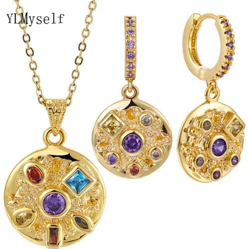 Round design Gold-color Necklace+Earrings sets Purple Multi Cubic Zirconia Jewelry 2pcs set for women