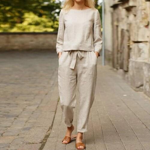 Solid Color Two Piece Cotton Linen Women Sets Spring O Neck Long Sleeve Top Shirt and Drawstring Pocket Suit Lady Casual Outfits