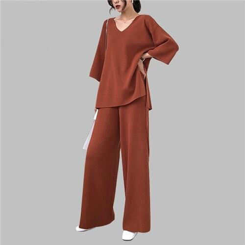 2019 Winter Knitting Female Sweater Pant suit For Women Two Piece Set Knitted Pullover V-neck Loose Top Wide Leg Pants Suit