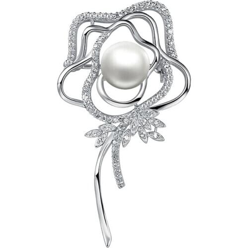 Sinya 925 sterling silver Rose Brooches for women Mother with 10.5-11mm natural pearl Valentines Day,birthday present HOT