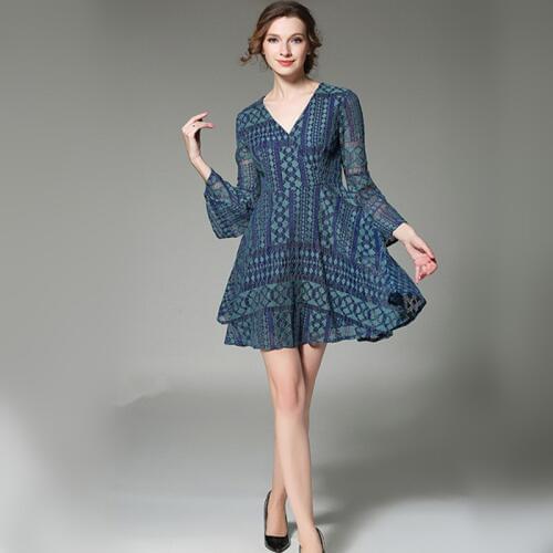 Summer Hollow-Out Lace Deep V Neck Women Mini Dress Flare Long Sleeve Blue A-Line Sexy Female Casual Party Dresses Size S-XL