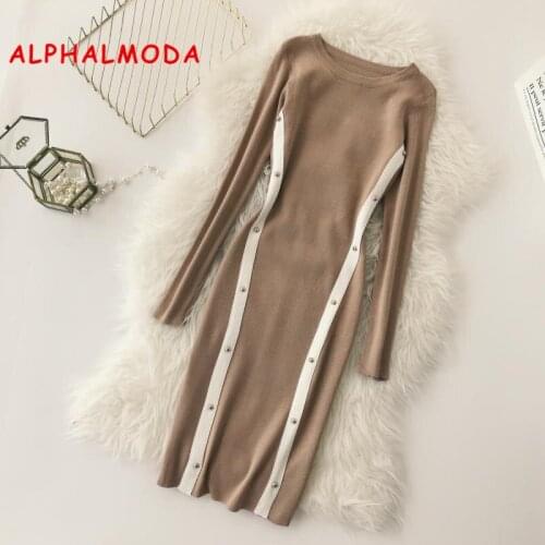ALPHALMODA OL Graceful Knitting Vestidos Winter 2018 Women New Block Color Rivet Striped Dress Slim Pullovers Knit Vestido