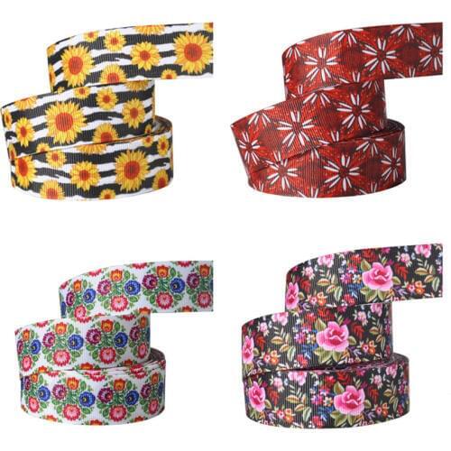 10Y/lot 25mm Flowers Printed Grosgrain Ribbon Fashion Fabric DIY Hairbows Accessories Home Textile Ribbons Gifts Packing