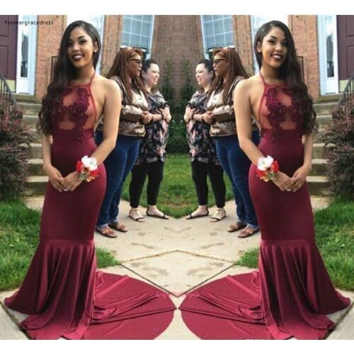 2019 Cheap Burgundy Halter Prom Dress With Applique Long Formal Holiday Wear Party Gown Custom Made Plus Size